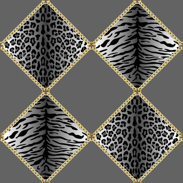 Gouden kettingen naadloze patroon met Leopard en Tiger Prints. — Stockvector