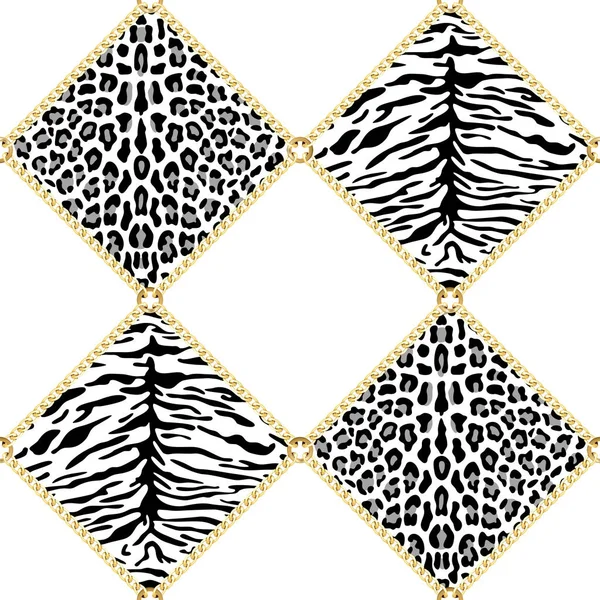 Chaînes dorées Modèle sans couture avec imprimé léopard et tigre . — Image vectorielle