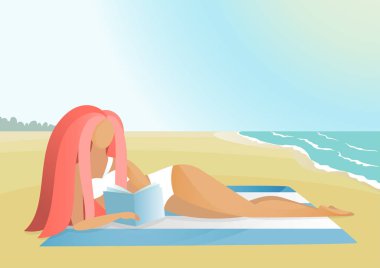 Kız deniz sahilde kitap okuma
