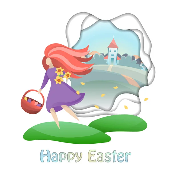 Happy Easter Card with Girl and Countryside — Stock Vector