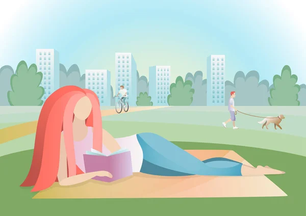 Dziewczyna czytania książki w parku miejskim — Wektor stockowy