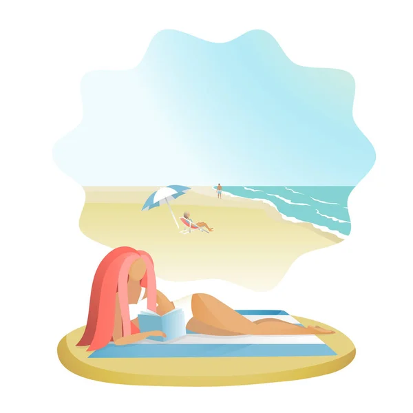 Fille lecture livre sur la plage de la mer — Image vectorielle