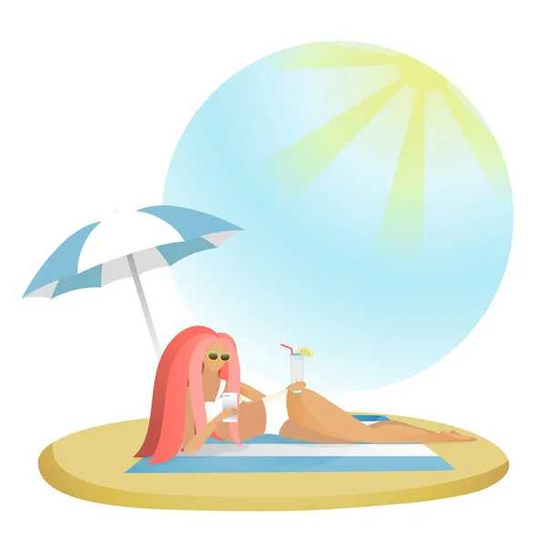 Girl with mobile phones on the beach — Stock Vector