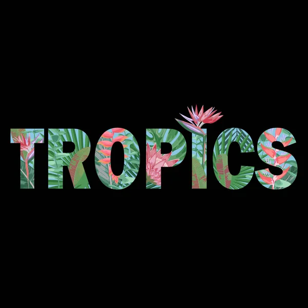 Tropics εκτύπωσης t-shirt με εξωτικά λουλούδια και φυτά. — Διανυσματικό Αρχείο