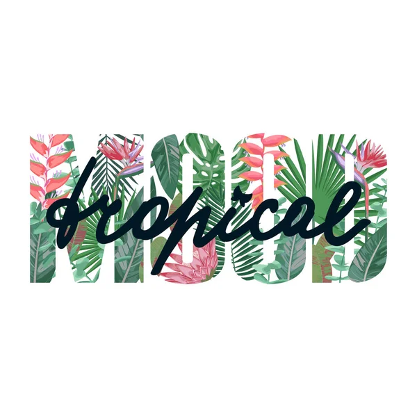 Tropická náladu tričko tisk s exotickými rostlinami. — Stockový vektor