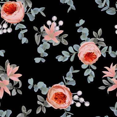 Gül ve yaprakları çiçek seamless modeli