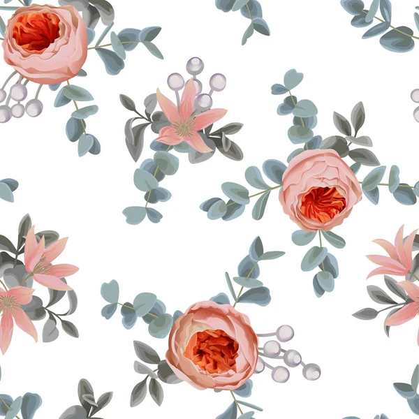 Patrón sin costura floral con rosas y hojas — Vector de stock