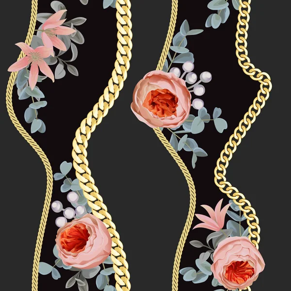 Chaînes d'or rayures modèle sans couture avec des fleurs . — Image vectorielle