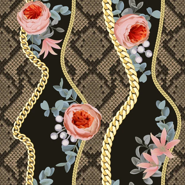 Chaînes d'or rayures motif sans couture avec des fleurs et impression serpent . — Image vectorielle