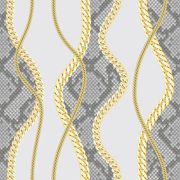 Goldene Ketten nahtloses Muster auf Schlangenhintergrund. — Stockvektor