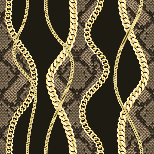 Goldene Ketten nahtloses Muster auf Schlangenhintergrund. — Stockvektor