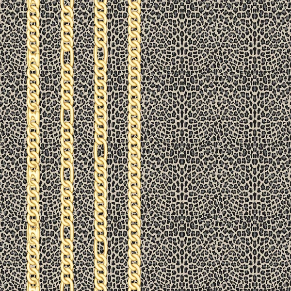 Correntes douradas padrão sem costura no fundo do leopardo . — Vetor de Stock