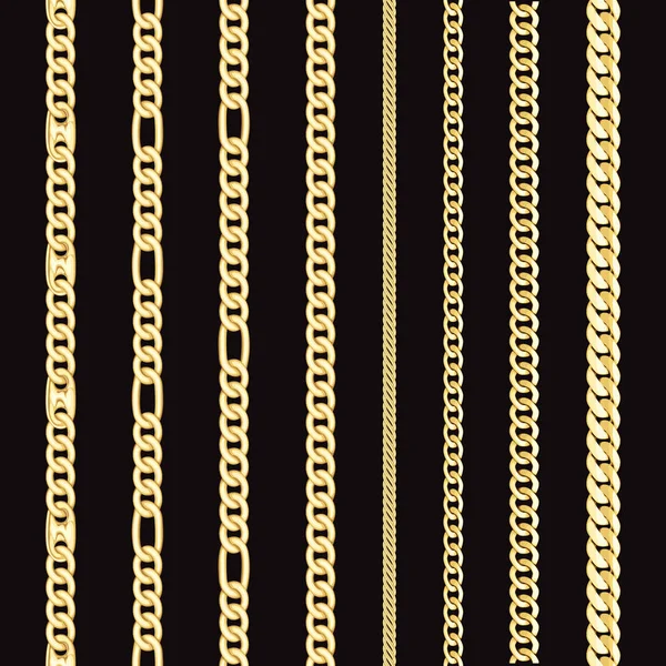 Golden Chains Set, Seamless Pattern on Black Background. — Stock Vector