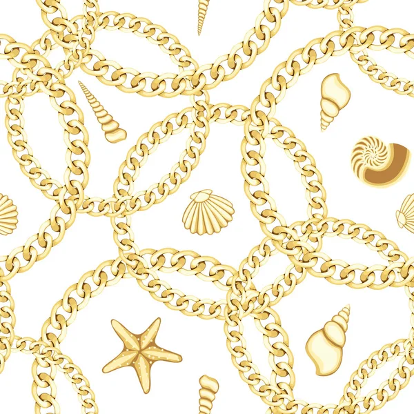 Golden Chains ve Seashell Dikişsiz desen. Lüks moda baskı. — Stok Vektör