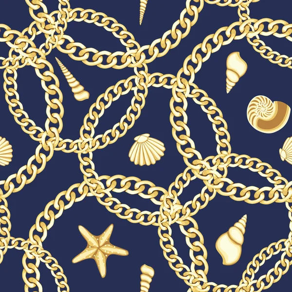 Gouden kettingen en Seashell naadloze patroon. Luxe fashion print. — Stockvector