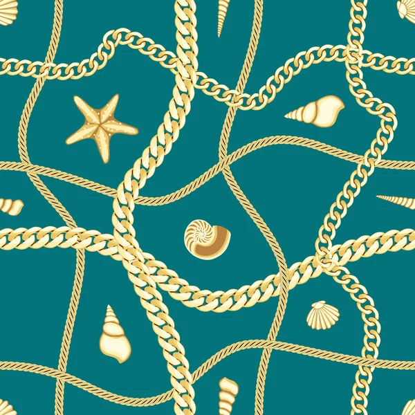 Gouden kettingen en Seashell check naadloze patroon. — Stockvector
