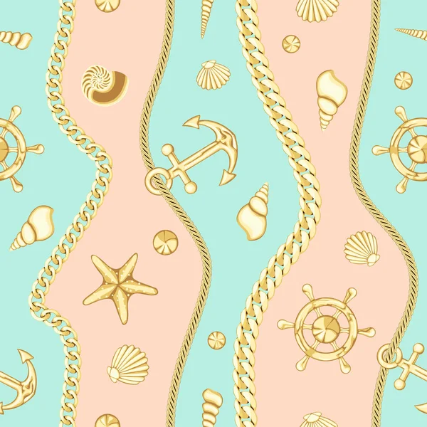 Chaînes dorées et motif sans couture Seashell Stripe . — Image vectorielle