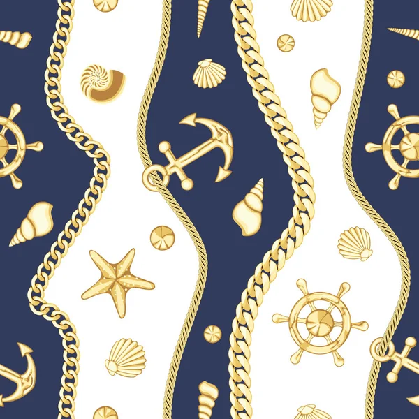 Gouden kettingen en Seashell streep naadloze patroon. — Stockvector