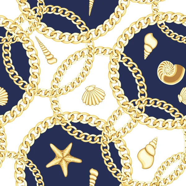Chaînes dorées et Seashell modèle sans couture. Mode de luxe Imprimer . — Image vectorielle