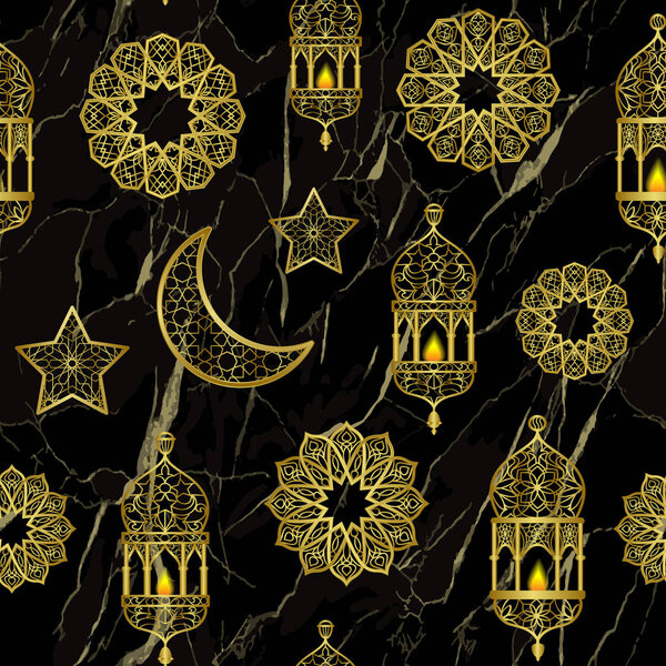 Арабский золотой фонарь, луна и звёзды
