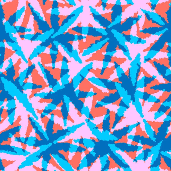 Modèle abstrait sans couture corail et bleu avec feuilles, étoiles — Image vectorielle