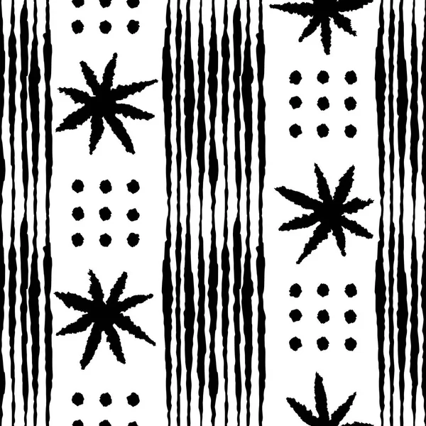 Patrón sin costuras de rayas blancas y negras abstractas con hojas, estrellas y puntos — Vector de stock