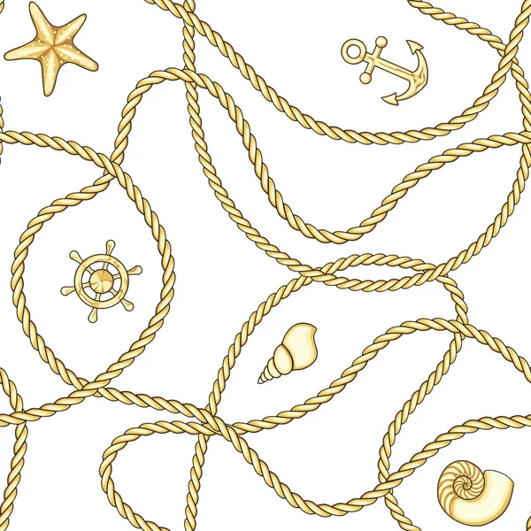 Gouden touwen en zee voorwerpen naadloze patroon. — Stockvector