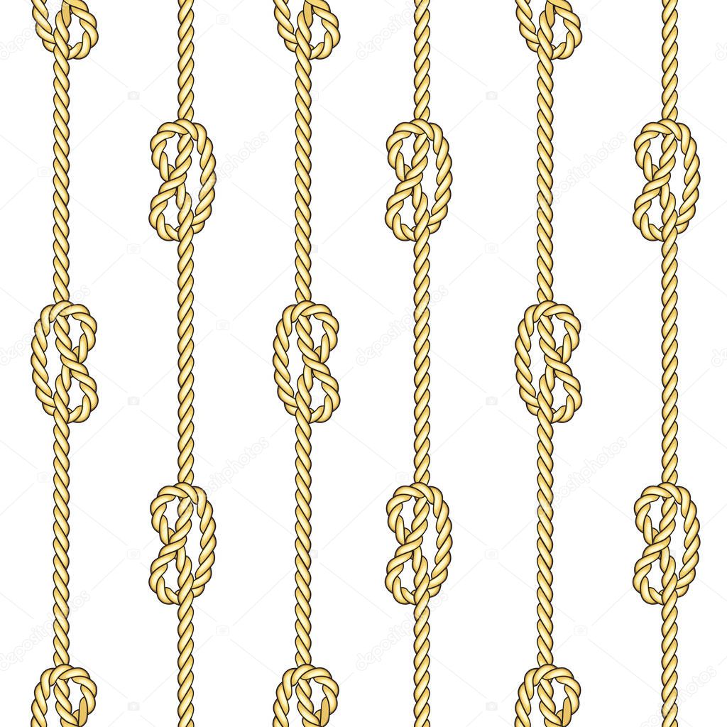 Golden Vertical Straped Ropes with Sea Knot Seamless Pattern.