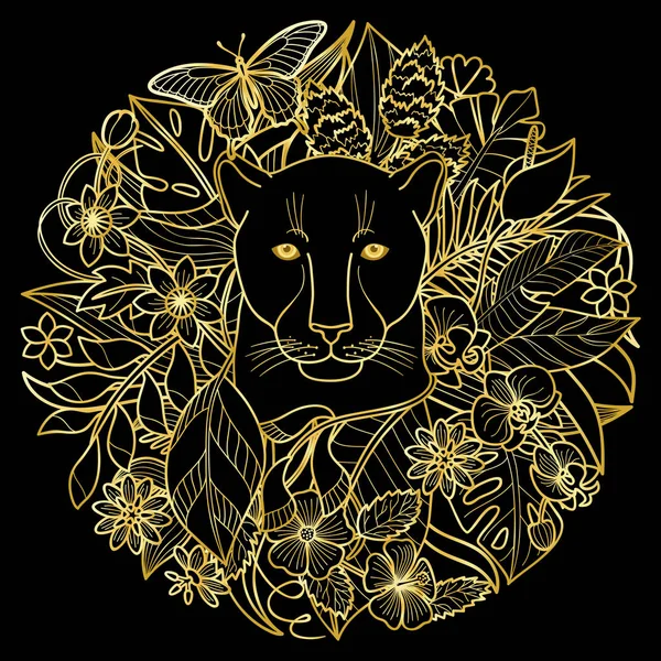 Een Panther en planten gouden tropische patroon — Stockvector