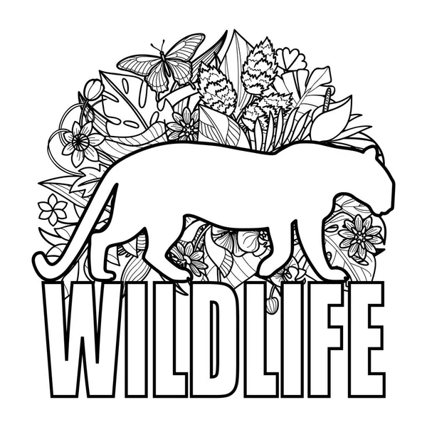 Wildlife coloring page with leopard and tropical plants — Stock Vector