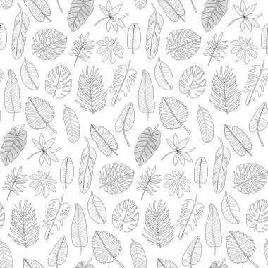Tropikal bitkilerin yaprakları siyah ve beyaz anahat dikişsiz desen