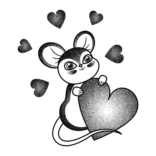 鼠标和心脏点和轮廓纹身 — 图库矢量图片