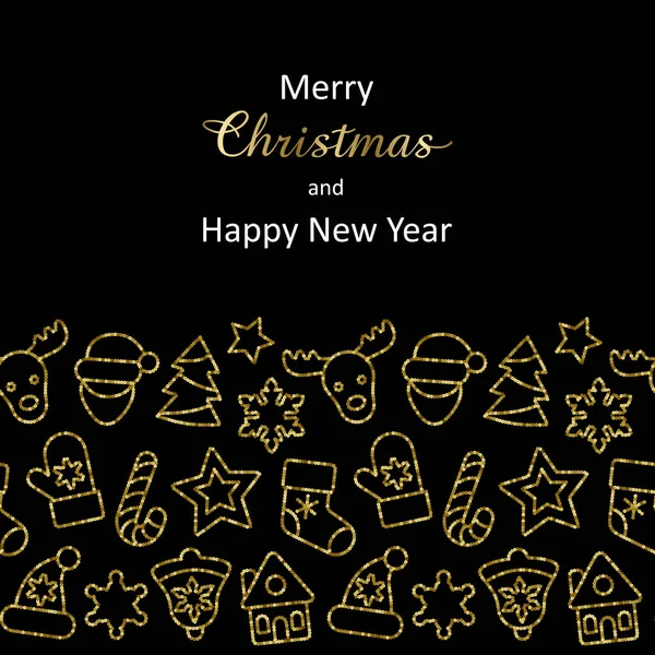 Tarjeta de felicitación de Navidad y Año Nuevo con lentejuelas de contorno dorado — Vector de stock