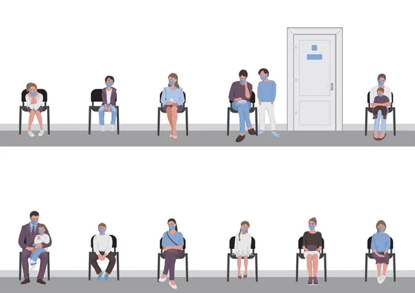 Distanciamento social dos pais com os filhos sentados em cadeiras no corredor e esperando na fila vire a porta —  Vetores de Stock