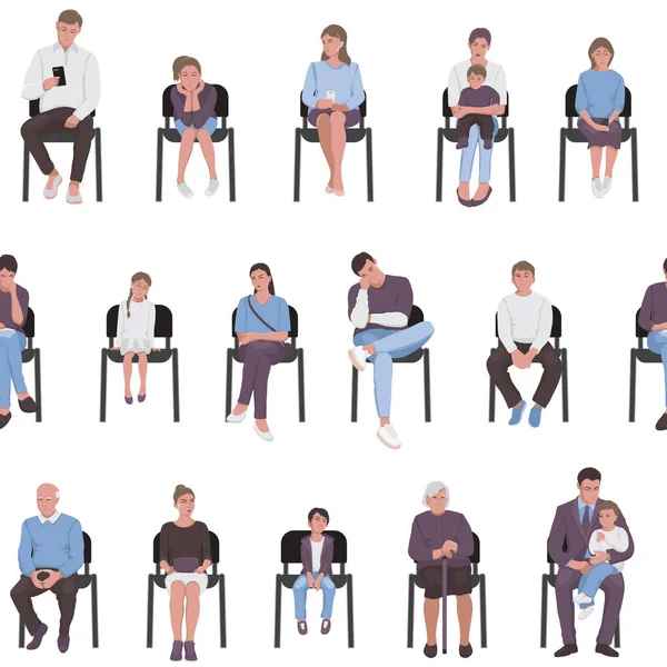 Adultos y niños sentados en sillas y esperando en la cola patrón sin fisuras — Vector de stock