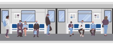 Bir metro treninin içindeki insanların sosyal mesafesi. Sınırsız metro yolcuları.