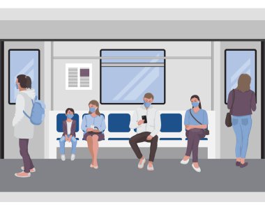 Bir metro treninin içindeki insanların sosyal mesafesi. Sınırsız metro yolcuları.