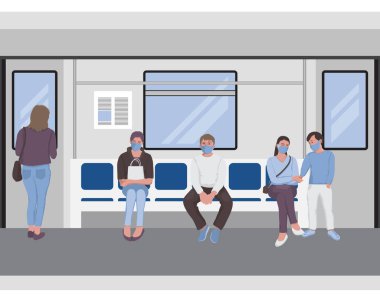 Bir metro treninin içindeki insanların sosyal mesafesi. Sınırsız metro yolcuları.