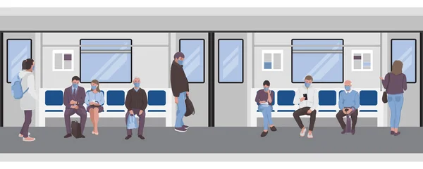 Társadalmi távolság az emberektől a metrón belül. A metró zökkenőmentes határán közlekedő utasok — Stock Vector