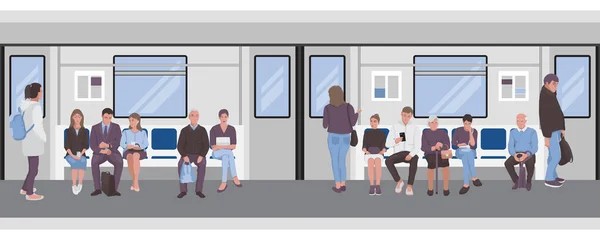 Persone all'interno di un treno della metropolitana. Passeggeri della metropolitana frontiera senza soluzione di continuità — Vettoriale Stock
