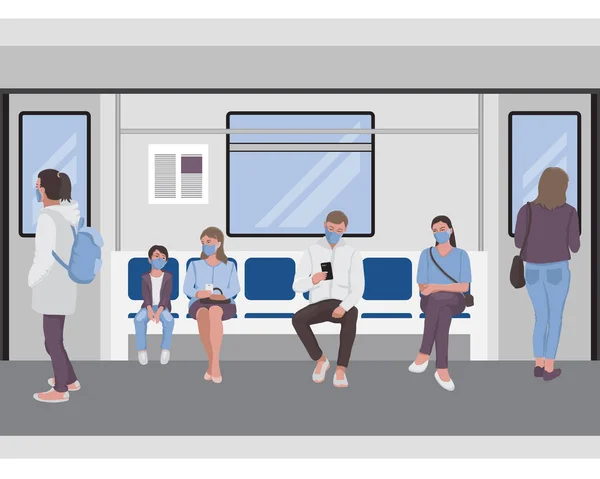 Distanza sociale delle persone all'interno di un treno della metropolitana. Passeggeri della metropolitana frontiera senza soluzione di continuità — Vettoriale Stock