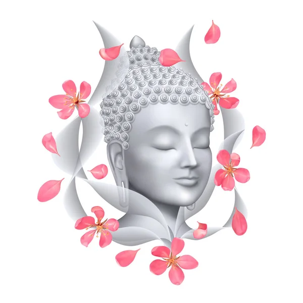 Rosto de Buda com flores de cereja rosa imprimir — Vetor de Stock