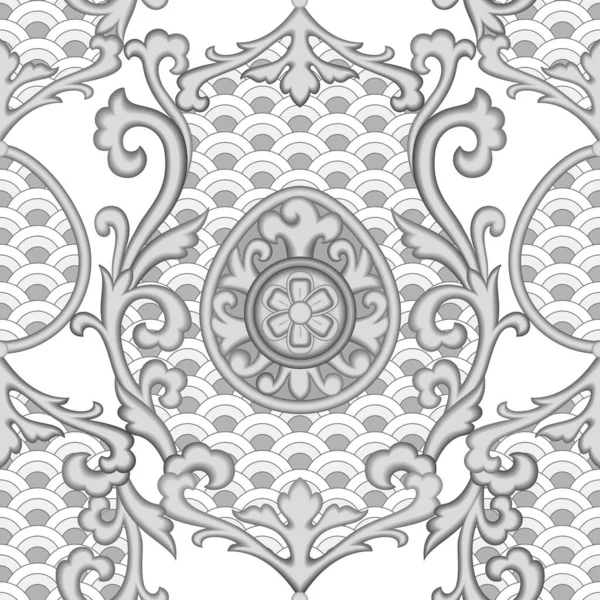 Абстрактный цветочный азиатский черно-белый бесшовный узор — стоковый вектор