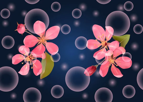 Ciliegia rosa in fiore sul modello blu scuro senza cuciture — Vettoriale Stock