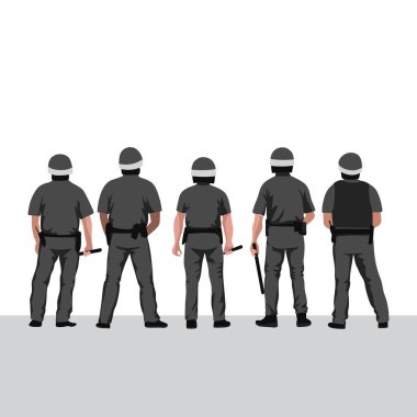 Polis çizgisi vektör çizimi. Bir grup polis arkasını dönüp duruyor.
