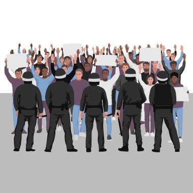 Elleri havada insanları ve polisi protesto etmek. Halka açık protesto illüstrasyonu Pankartlar ve posterler için metin yeri şablonu