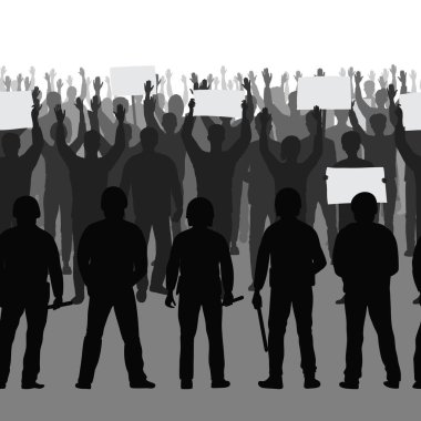Elleri havada protesto yapan insanların siluetleri ve polis sınırsız. İtiraz ediyorum. Ağ pankartları ve posterler için metin yeri şablonu