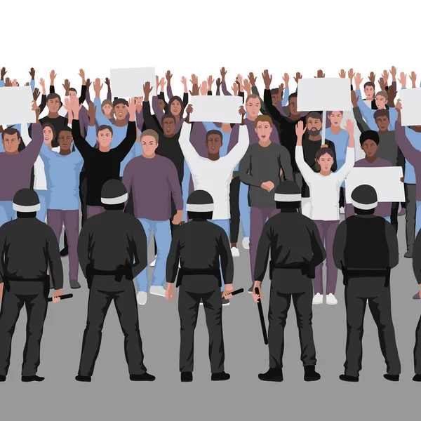 Протестующие с поднятыми руками и бесшовная граница полиции . — стоковый вектор