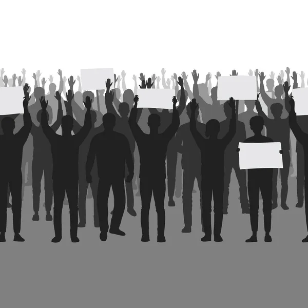 Silhouettes of protesting people with hands up seamless border. — Stock Vector