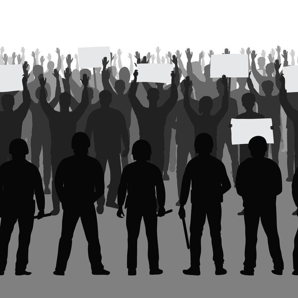 Silhouettes of protesting people with hands up and the police seamless border. Public protest repeat background. Template with text place for web banners, posters